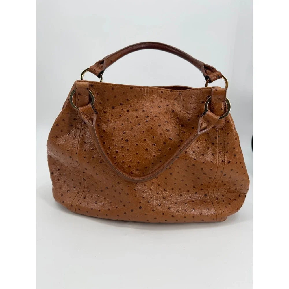 GILI Ostrich Embossed Leather Satchel Handbag Cognac Brown Gold Tone Hardware